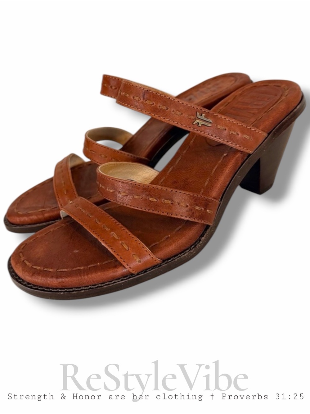 FRYE Women’s Size 7.5 Sandals Heeled Leather Straps Heeled Slip On Style Estelle